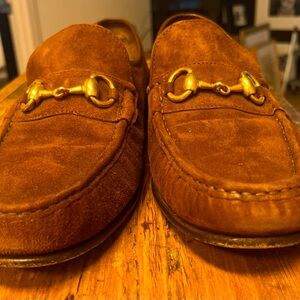 Brown suede loafers gold buckle
